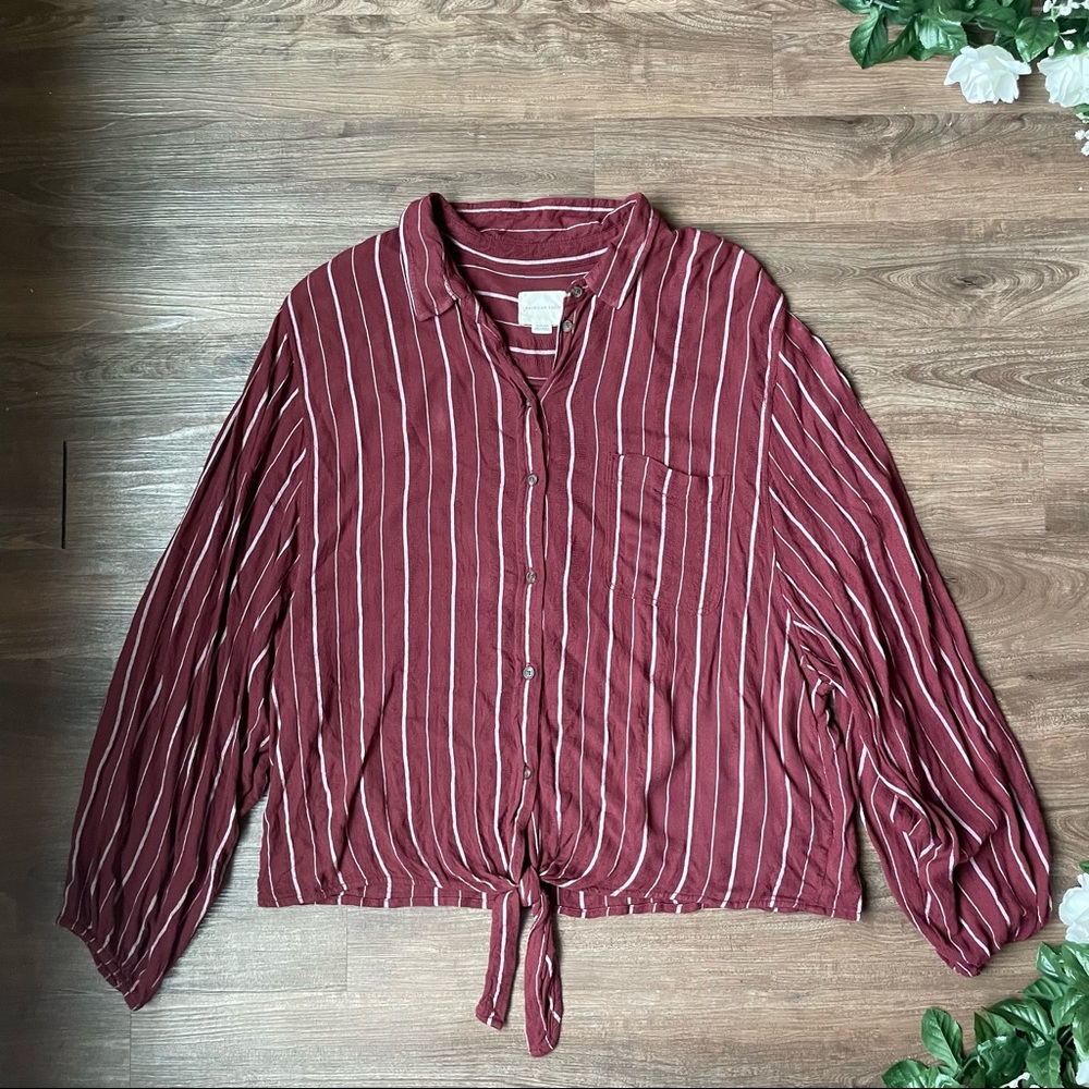 AEO Burgundy Striped Button Down Front Tie Blouse